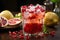 Freshly squeezed pomegranate in glass with ice on table at beach. Generative AI