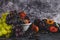 Freshly washed fruits with water droplets. bright high key look conveys freshness. Variety of fresh grapes, apricot and plumes on