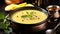 Freshness in a bowl, culinary soup, yellow spoon on table generated by AI