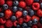 freshness and detail of strawberries blueberries and raspberries with water drops in elegant atmosphere, Generative AI