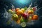 Freshness explosion, fruits and vegetables splash into clear water backdrop