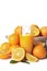 Freshness orange juice among heap of fruits on white background