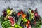 Freshness organic vegetables  berries  fruits on a gray background  top view. Healthy diet vegetarian food concept  copy space