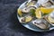 Freshness oysters food  oyster   top  delicatessen  mollusk  aphrodisiac counter culinary pieces lemon ice delicious tasty organic