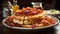 Freshness on plate gourmet meal, stack of bacon generated by AI