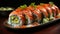 Freshness on a plate gourmet seafood meal, rolled up maki sushi generated by AI