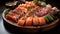 Freshness on a plate seafood, sashimi, maki sushi, avocado, rice generated by AI
