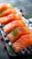 Freshness preserved Raw salmon fillet showcased on a bed of ice