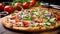 Freshness on table, homemade pizza, gourmet meal generated by AI