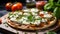 Freshness on table, homemade pizza, gourmet meal generated by AI