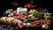Freshness on a wood table grape, fruit, meat, bread, appetizer generated by AI