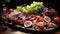 Freshness on a wooden table grape, meat, fruit, tomato, prosciutto generated by AI