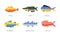 Freshwater and Saltwater Fish as Seafood Depicted in Flat Style Vector Set