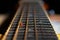 Fretboard of classical acoustic guitar with strings and a small red ladybug. A spotted bug sits on the neck of guitar