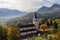 fribourg,switzerland-October 23,2019:The chuch near the Gruyeres Castle on the top hill is the most view at fribourg,switzerland