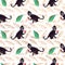 Frida black monkey seamless gouache pattern with green and gold leaves