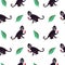 Frida black monkey seamless pattern with green leaves