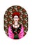 Frida Kahlo portrait, Mexican woman with a traditional hairstyle. Mexican crafts jewelry and red flowers. Vector