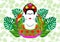 Frida Kahlo vector portrait, graphic interpretation with parrots and exotic floral in the green background