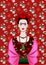 Frida Kahlo vector portrait, mexican woman with a traditional hairstyle. Mexican crafts jewelry and red flowers. Vector