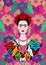 Frida Kahlo vector portrait , young beautiful mexican woman with a traditional hairstyle, Mexican crafts jewelry and dress