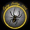 Friday 13th, elegant badge with spider crusader, cobweb in yellow circle on black gradient background.