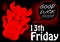 Friday 13th, good luck card with red devil head. Red drawing on black background.