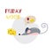 Friday mood concept with text, wine cheese and mouse Vector illustration print banner