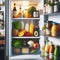 Fridge door open to show packed fridge with food products