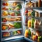 Fridge door open to show packed fridge with food products
