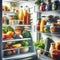 Fridge door open to show packed fridge with food products