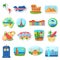 Fridge magnets flat vector illustration. Abroad, foreign countries traveling souvenirs. Famous European landmarks and