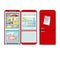 Fridge opened and closed. Red refrigerator with food in retro style. Vector