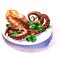 Fried appetizer octopus or squid, calamari with green basil leaves on plate, seafood, isolated, hand drawn watercolor