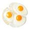 Fried appetizing eggs. White isolated background. Close-up.Top view