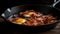Fried bacon and pork on cast iron, a gourmet meal generated by AI