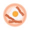 Fried bacon, scrambled egg, tasty breakfast. Cartoon flat style.