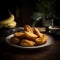 Fried bananas on a plate on a wooden background. Toned.