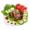 Fried beef meat with vegetable garnish