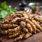 Fried caterpillar insect larvae, unusual Asian food,