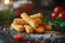 Fried cheese sticks with seasoning on dark wooden board