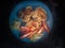 Fried chicken on a blue ceramic plate and cressalata on a dark background, steam above the plate