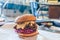 Fried chicken burger with mayonnaise and purple cabbage slaw