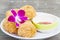 Fried chicken and decorative orchid