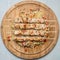 Fried chicken pieces on skewer bulgur on cutting board on wooden background top view