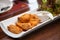 Fried Chicken, Sauce and Organic Vegetables, Beautifully decorated in white plate