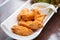 Fried Chicken, Sauce and Organic Vegetables, Beautifully decorated in white plate