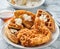 Fried chicken and waffles breakfast with syrup