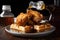 fried chicken and waffles with hot syrup, a classic combo