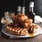 Fried chicken with waffles and syrup. Crispy homemade fried chicken on top of homemade buttermilk waffles with maple syrup